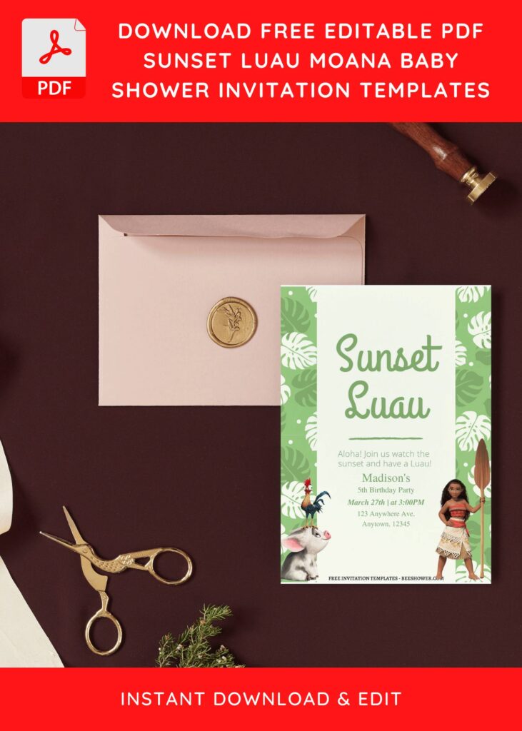 (Free Editable PDF) Sunset Luau Moana Baby Shower Invitation Templates I