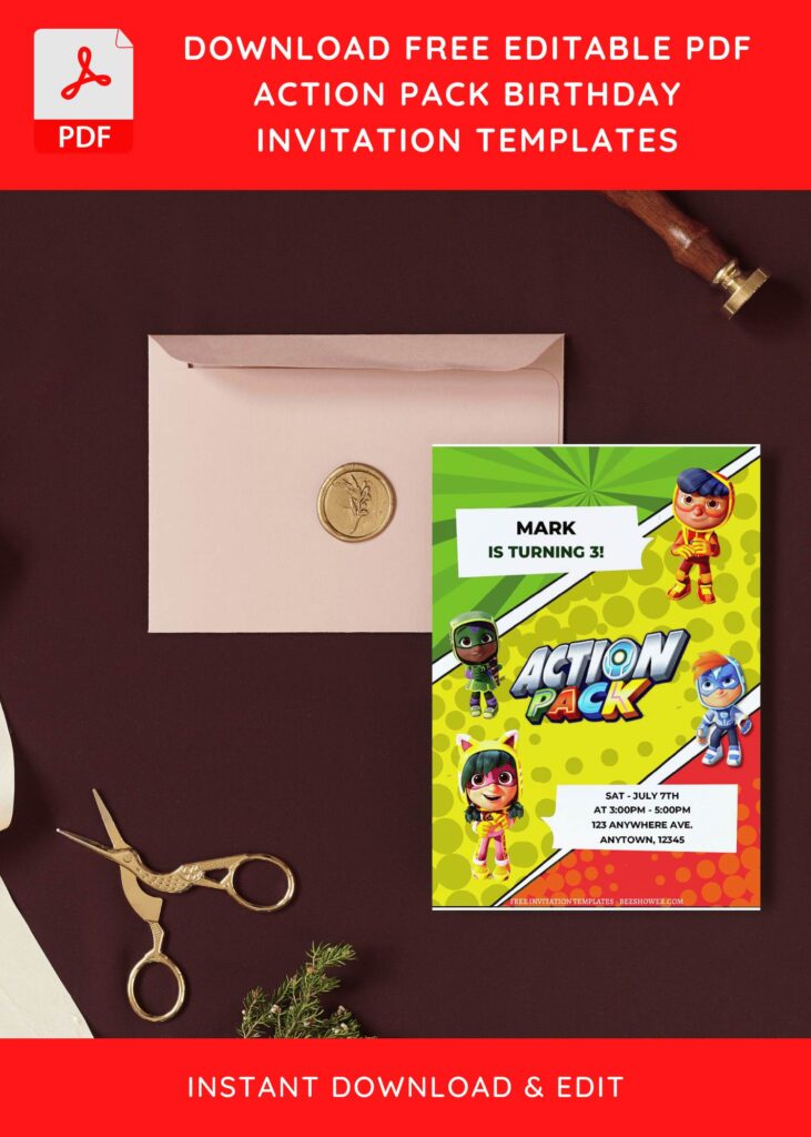 (Free Editable PDF) Action Pack Superhero Baby Shower Invitation Templates I