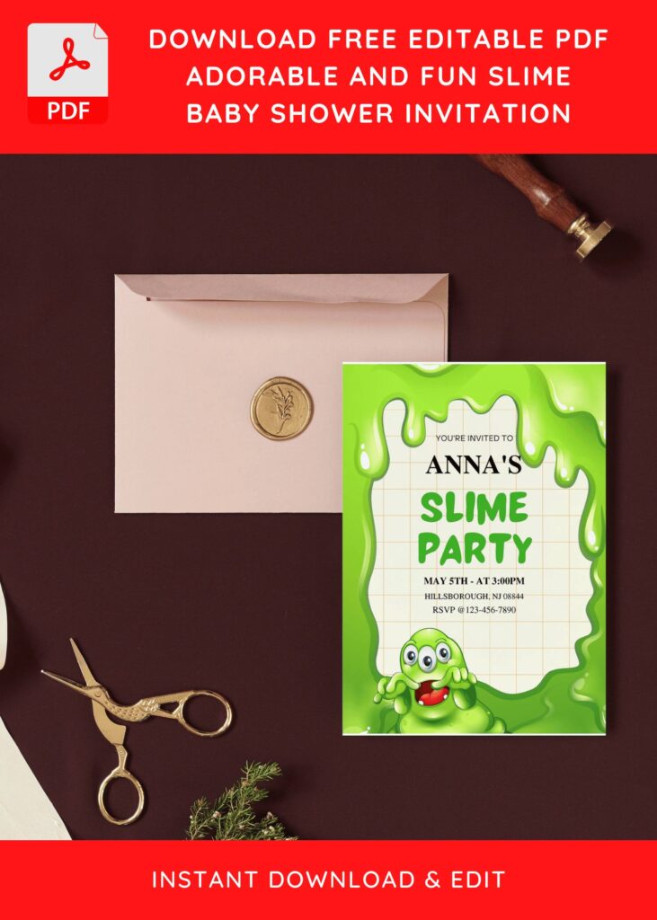 (Free Editable PDF) Adorable Slime Party Baby Shower Invitation Templates I