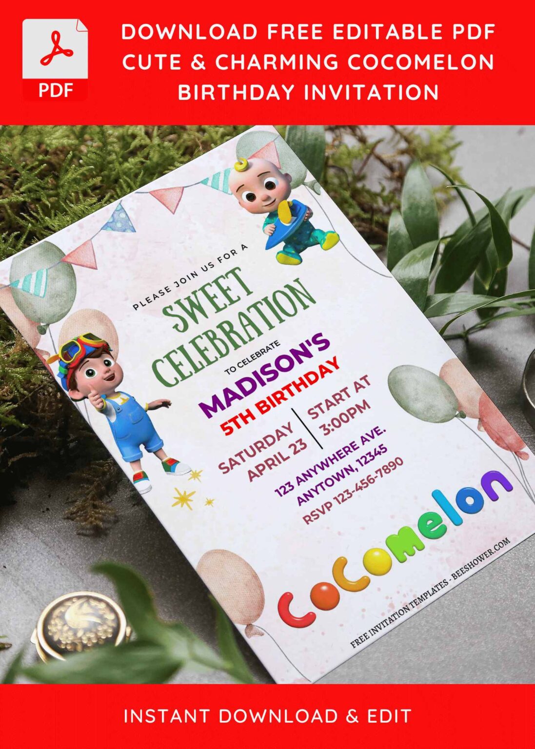 (Free Editable PDF) Sweet Celebration Cocomelon Baby Shower Invitation ...