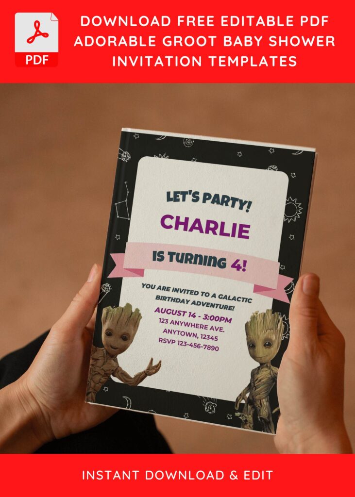 (Free Editable PDF) Groot Guardian Of The Galaxy Baby Shower Invitation Templates E