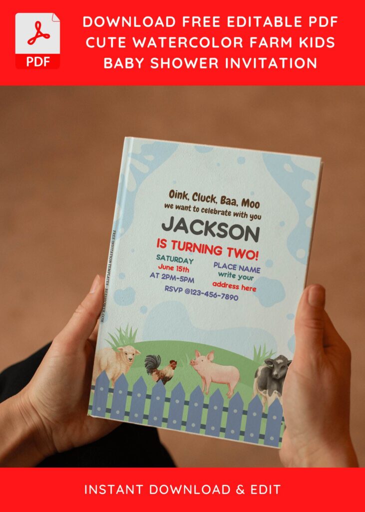 (Free Editable PDF) Watercolor Farm Animal Baby Shower Invitation Templates E