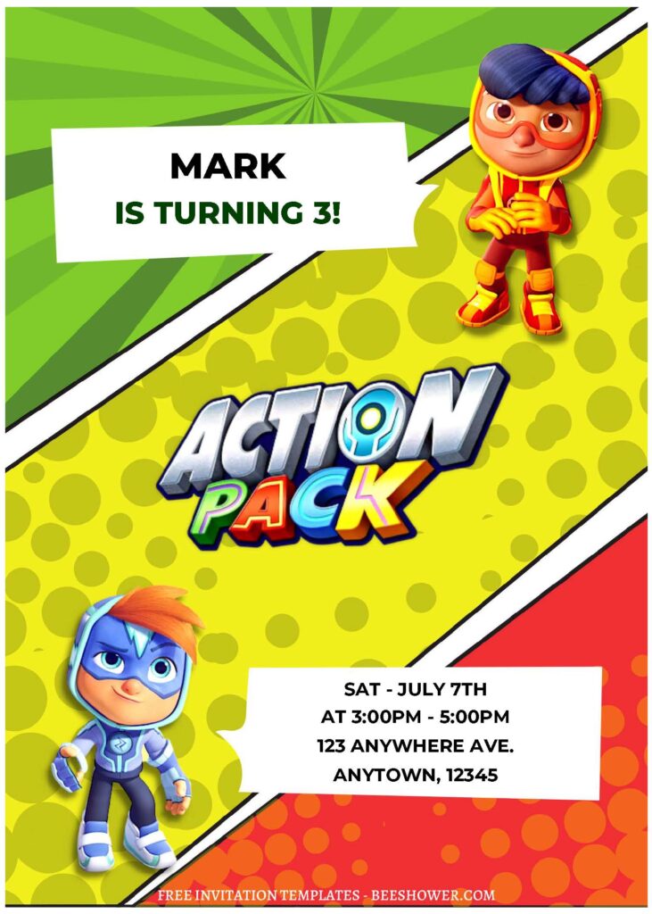 (Free Editable PDF) Action Pack Superhero Baby Shower Invitation Templates C