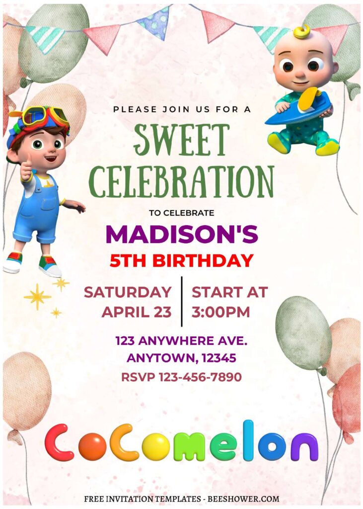 Cocomelon B 1 - Downloadable (Free Editable PDF) Sweet Celebration Cocomelon Baby Shower Invitation Templates - Template No. 18