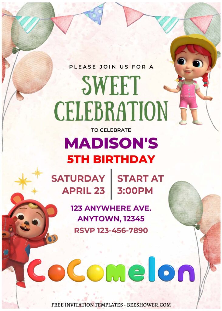 (Free Editable PDF) Sweet Celebration Cocomelon Baby Shower Invitation Templates A