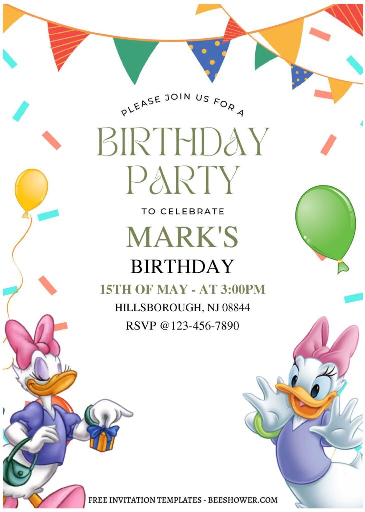 (Free Editable PDF) Festive Daisy Duck Baby Shower Invitation Templates A