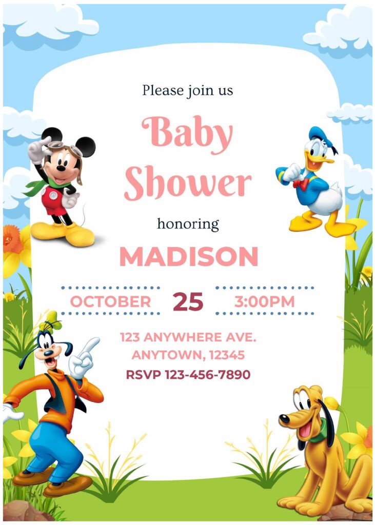 (Free Editable PDF) Mickey Mouse Funhouse Themed Baby Shower Invitation Templates C