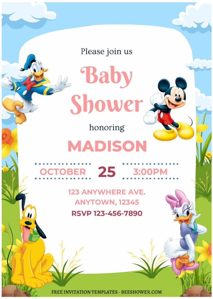 (Free Editable PDF) Mickey Mouse Funhouse Themed Baby Shower Invitation Templates A