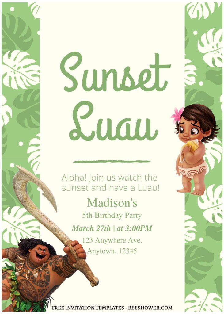 (Free Editable PDF) Sunset Luau Moana Baby Shower Invitation Templates C
