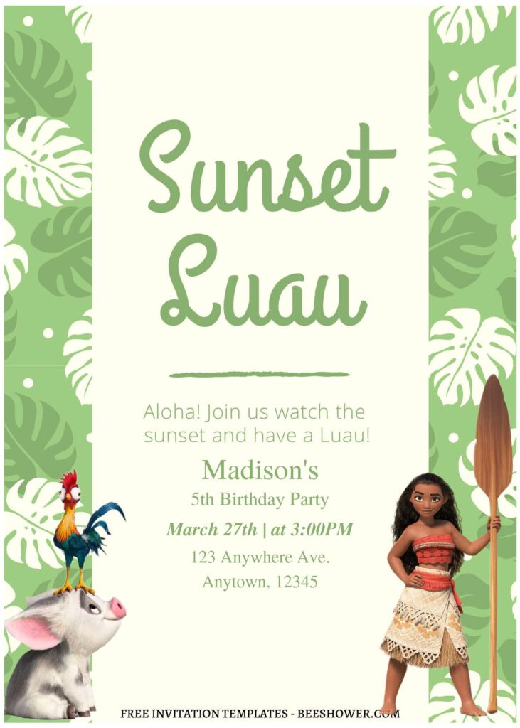 (Free Editable PDF) Sunset Luau Moana Baby Shower Invitation Templates A