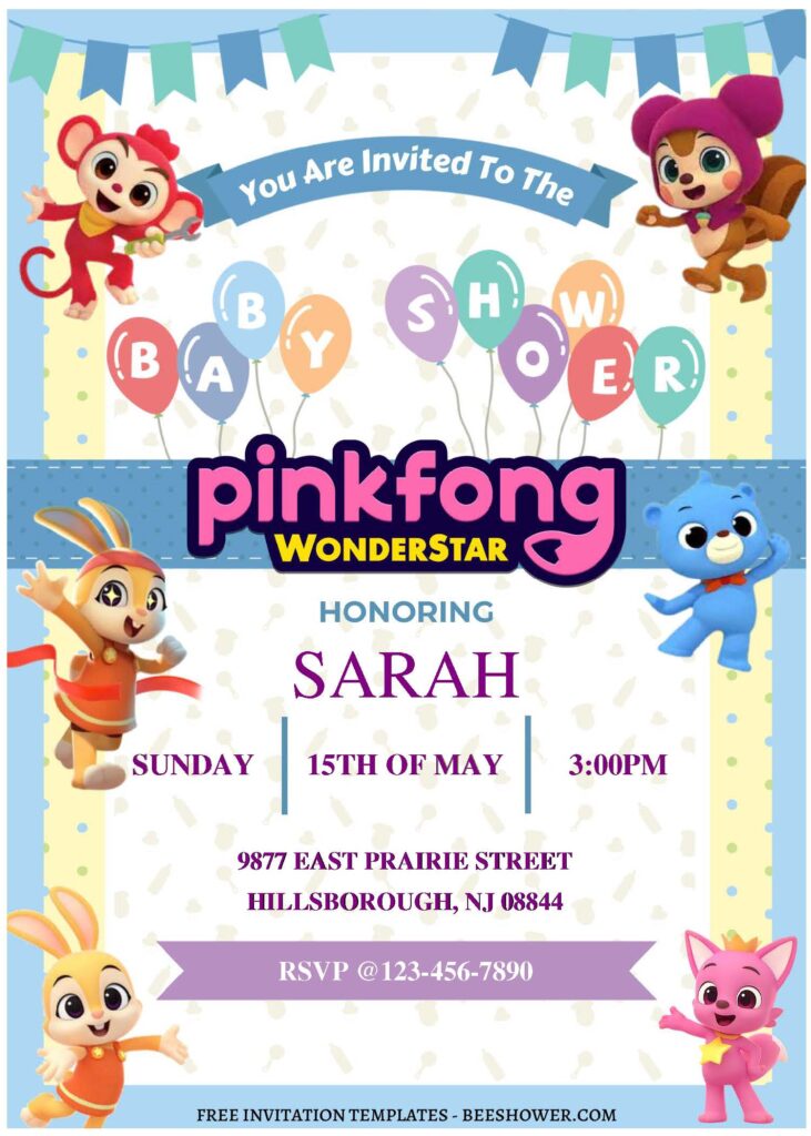 (Free Editable PDF) Pinkfong Wonderstar Baby Shower Invitation Templates with Hogi