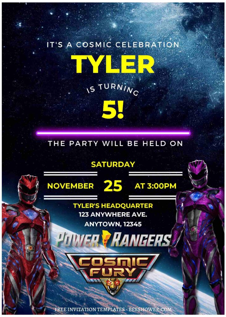 (Free Editable PDF) Interstellar Power Rangers Cosmic Fury Baby Shower Invitation Templates c