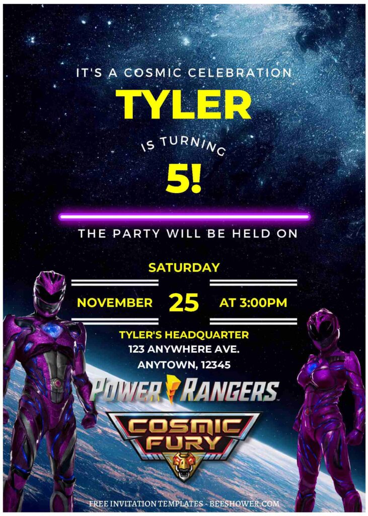 Power Rangers Cosmic Fury B - Downloadable (Free Editable PDF) Interstellar Power Rangers Cosmic Fury Baby Shower Invitation Templates - Template No. 18