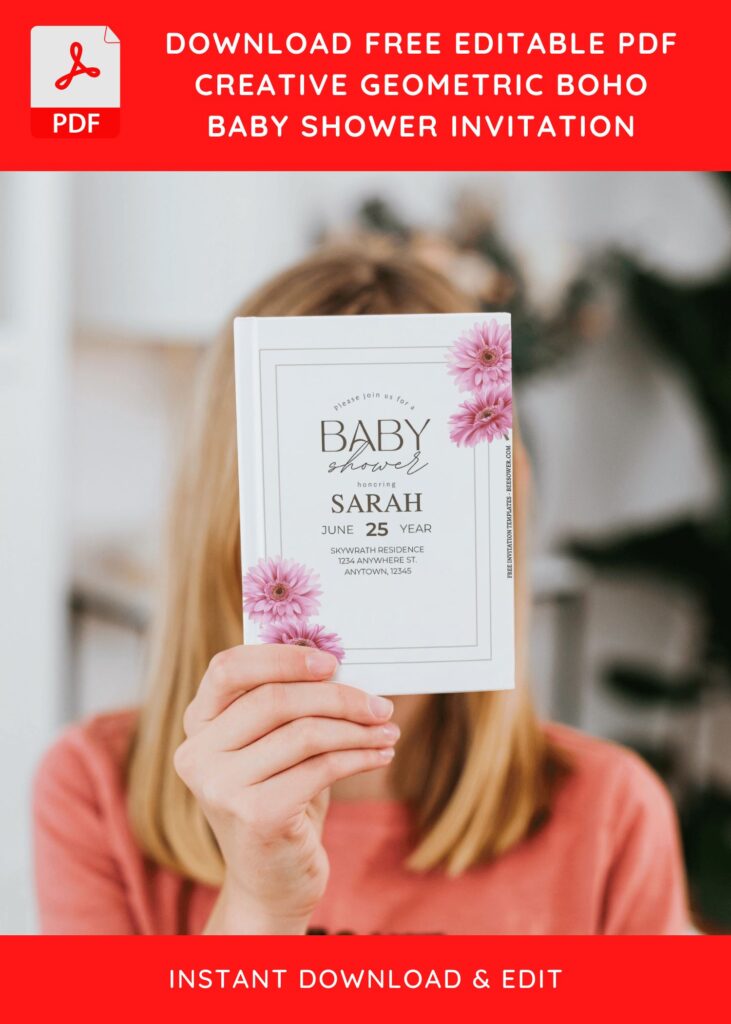 (Free Editable PDF) Simple Geometric Floral Frame Baby Shower Invitation Templates J