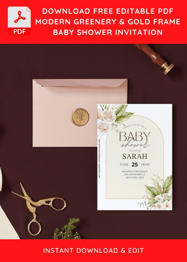 (Free Editable PDF) Boho Gold Frame Greenery Baby Shower Invitation Templates I