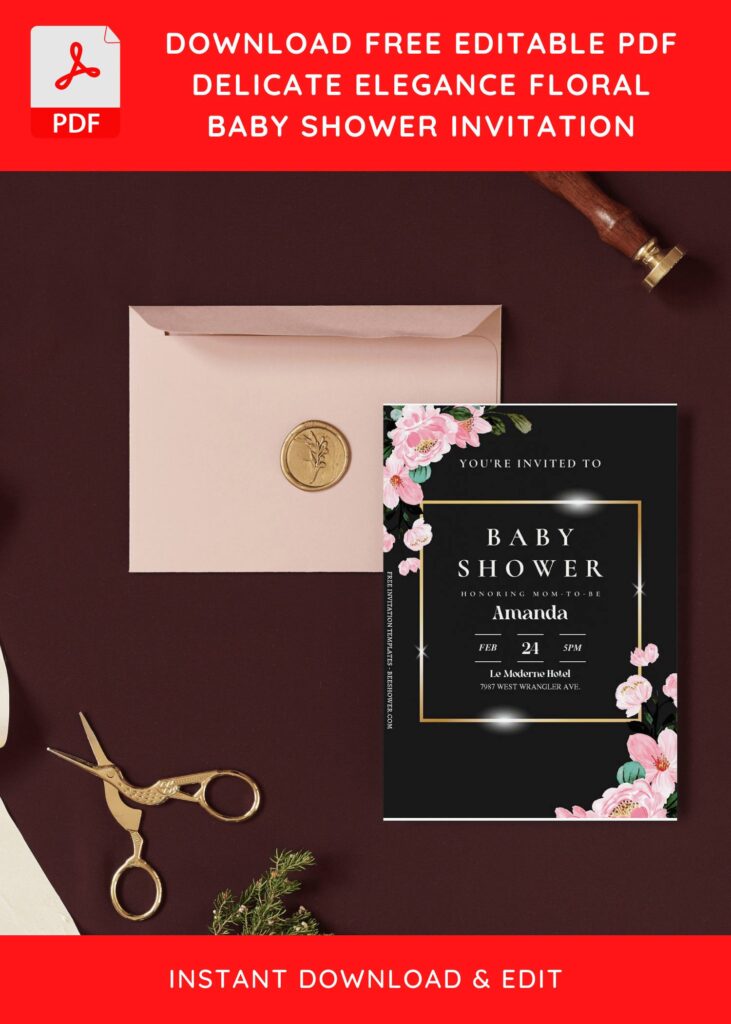 (Free Editable PDF) Shining Gold Frame Floral Baby Shower Invitation Templates I