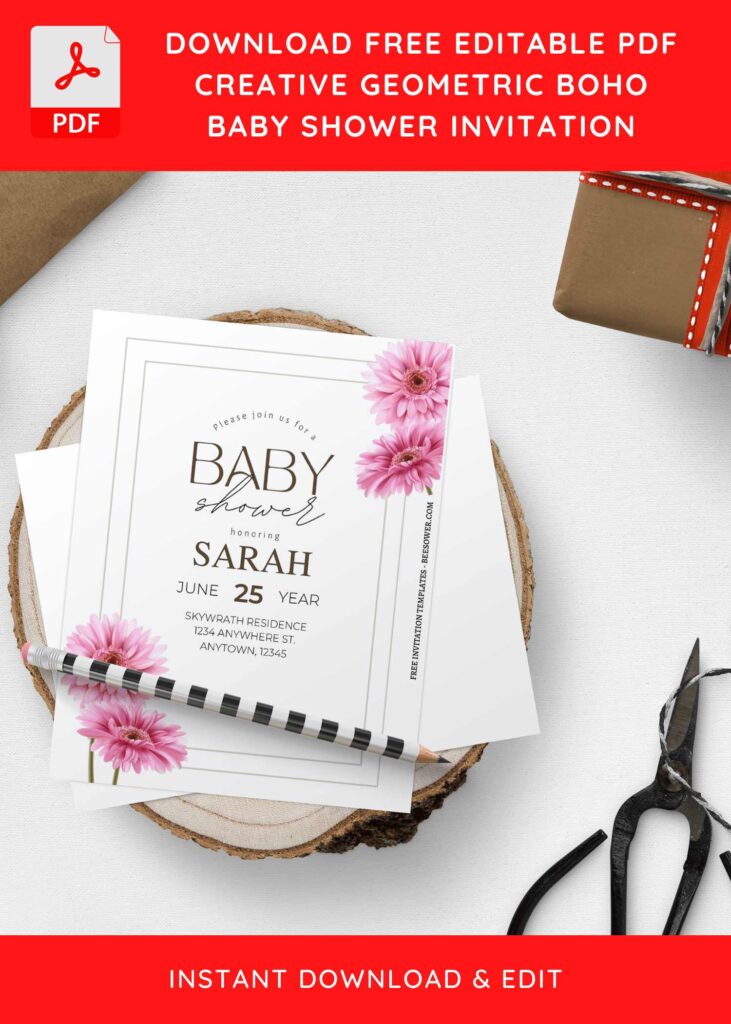 (Free Editable PDF) Simple Geometric Floral Frame Baby Shower Invitation Templates H