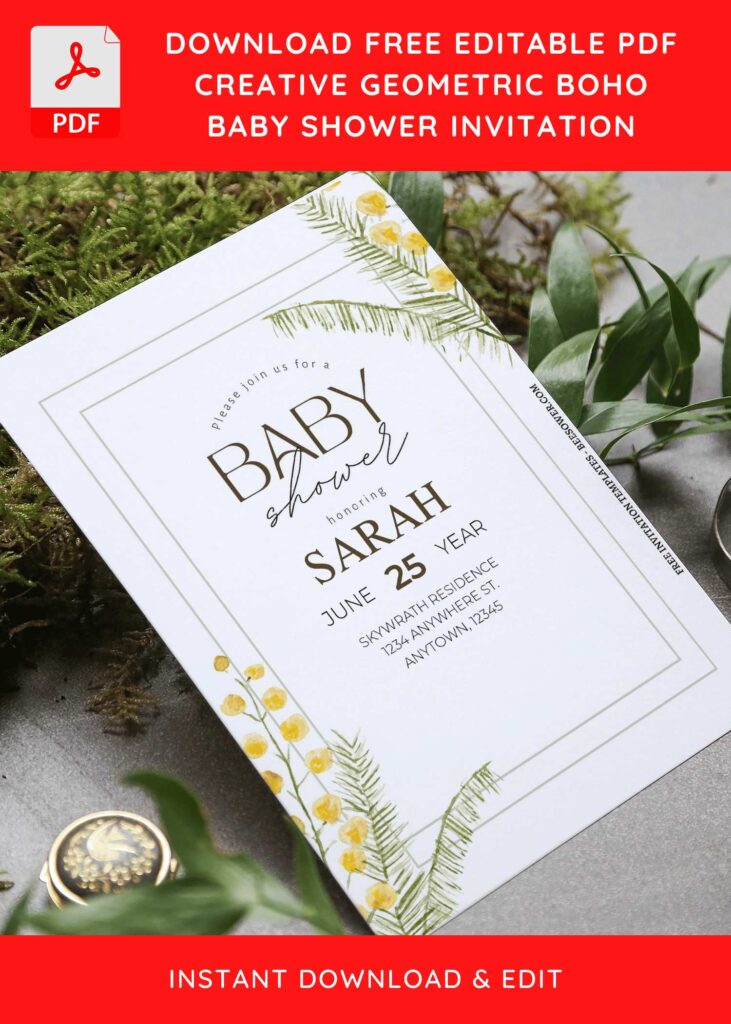 (Free Editable PDF) Simple Geometric Floral Frame Baby Shower Invitation Templates F