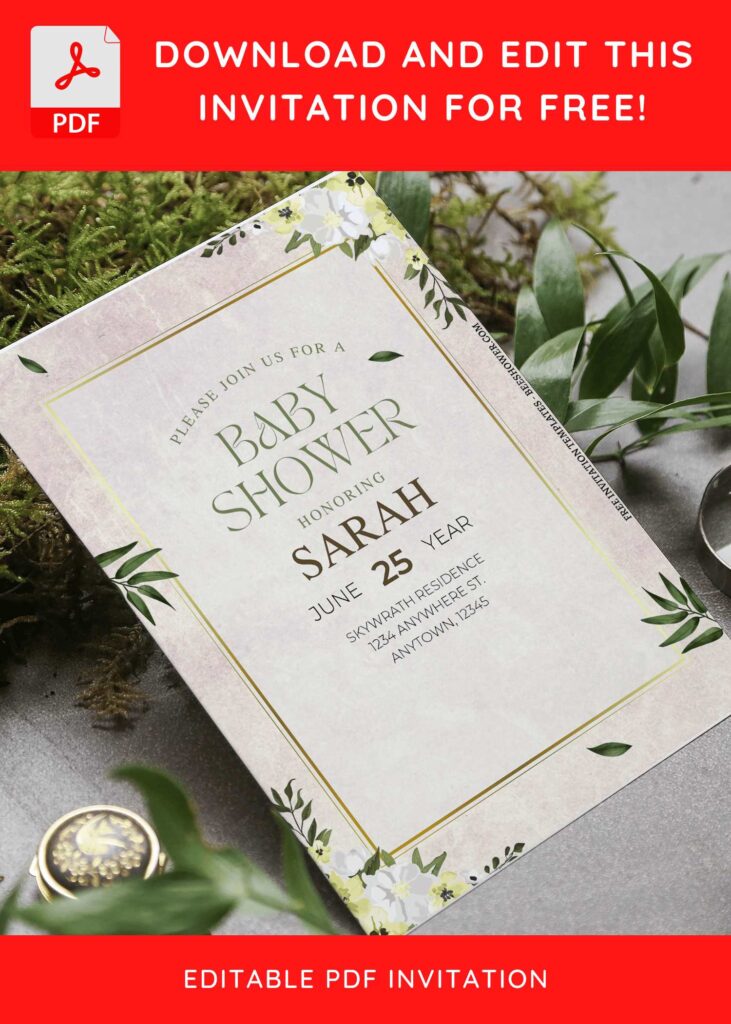 5 63 - Downloadable (Free Editable PDF) Botanical Floral & Greenery Baby Shower Invitation Templates - Template No. 34