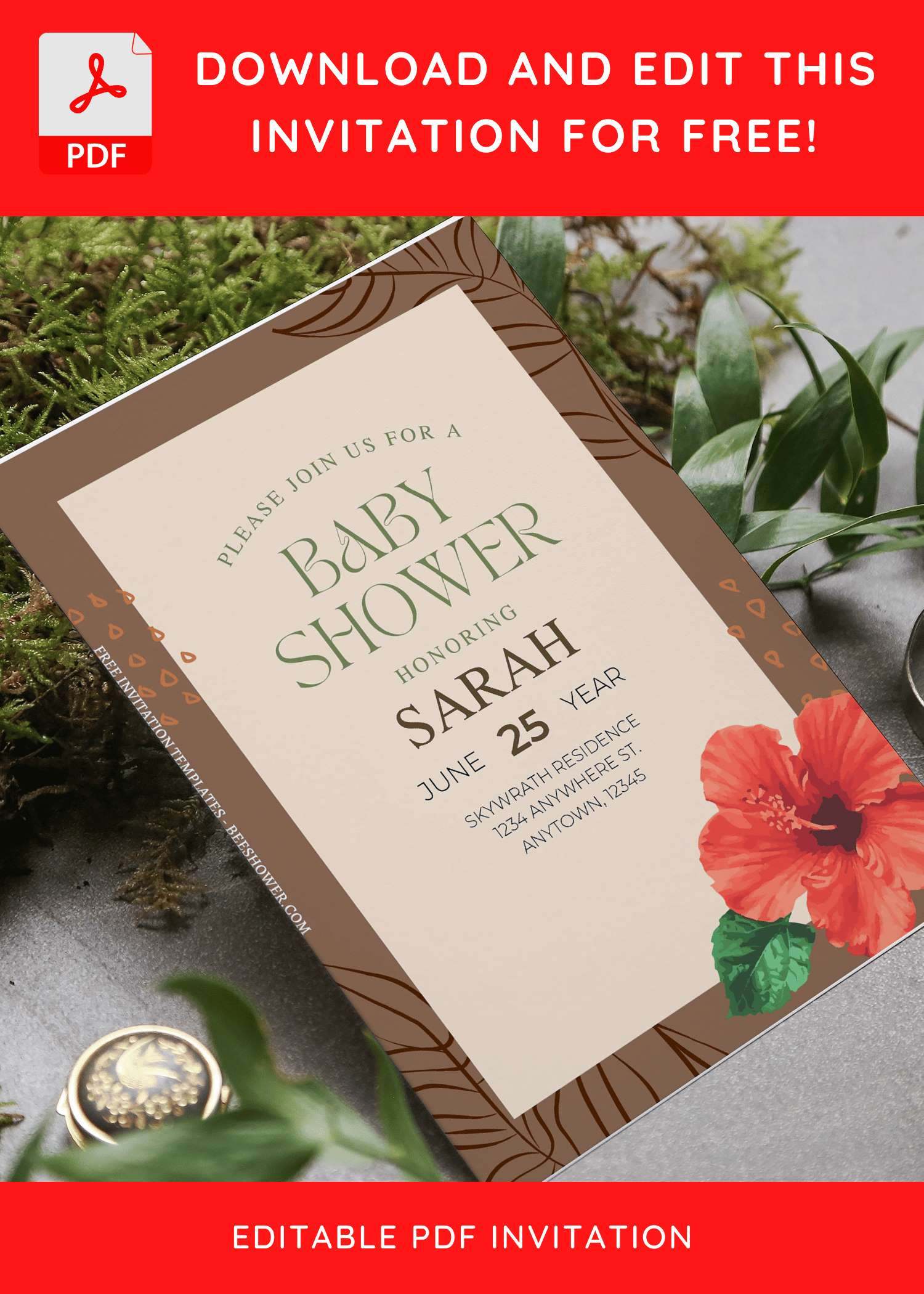 (Free Editable PDF) Hibiscus Delight Baby Shower Invitation Templates