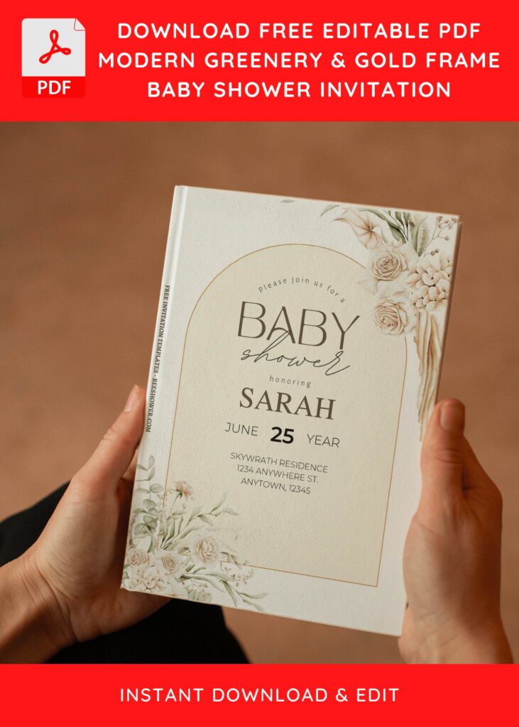 (Free Editable PDF) Boho Gold Frame Greenery Baby Shower Invitation Templates E