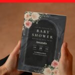 (Free Editable PDF) Marquina Black Marble Floral Baby Shower Invitation Templates