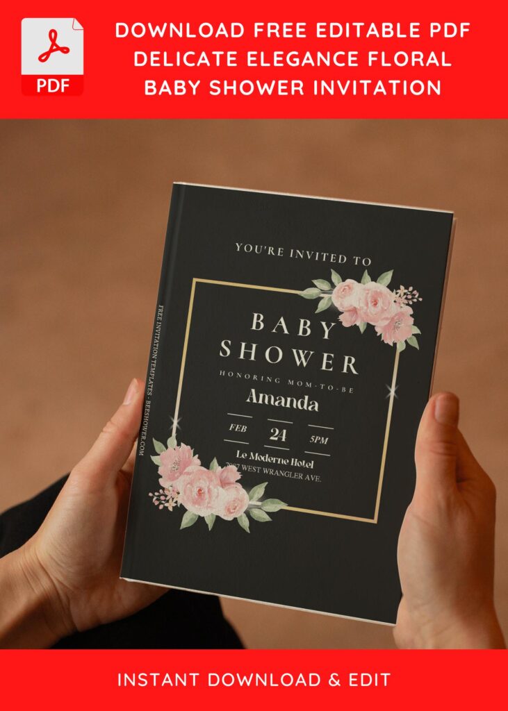 (Free Editable PDF) Shining Gold Frame Floral Baby Shower Invitation Templates E
