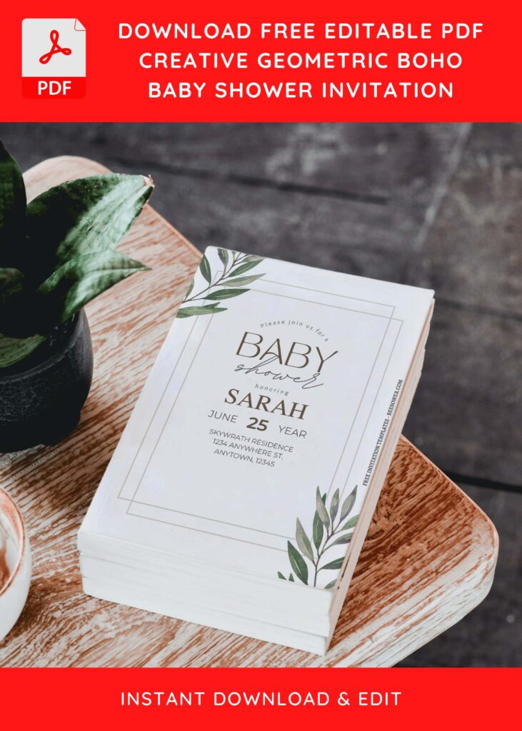 (Free Editable PDF) Simple Geometric Floral Frame Baby Shower Invitation Templates D
