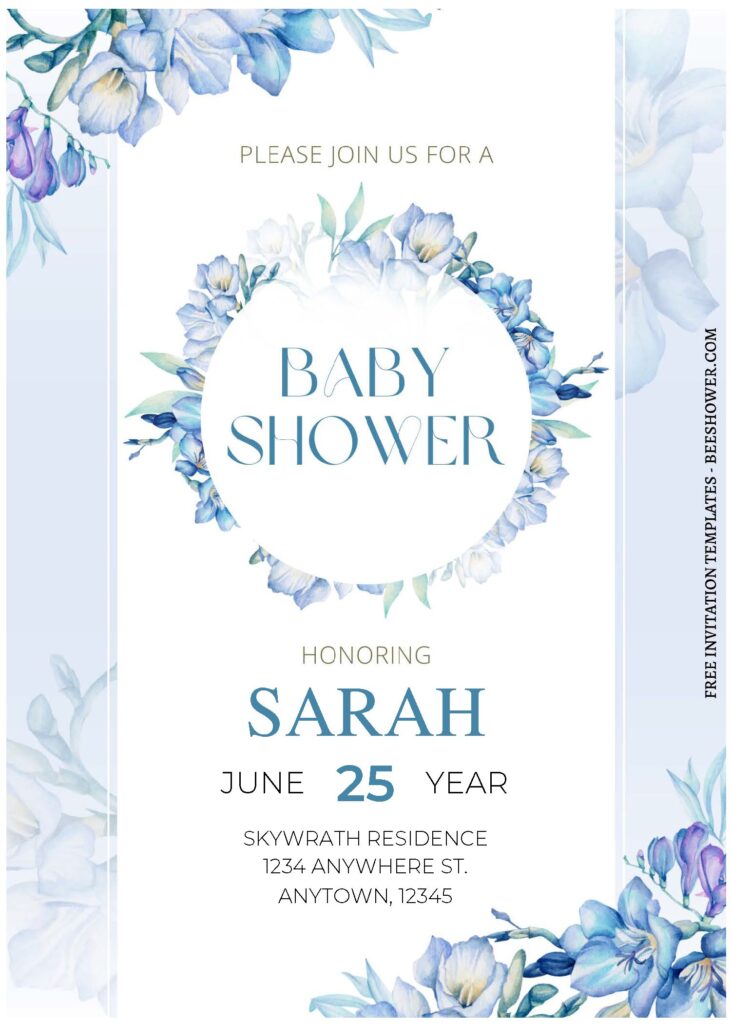 (Free Editable PDF) Stylish Powder Blue Floral Baby Shower Invitation Templates C