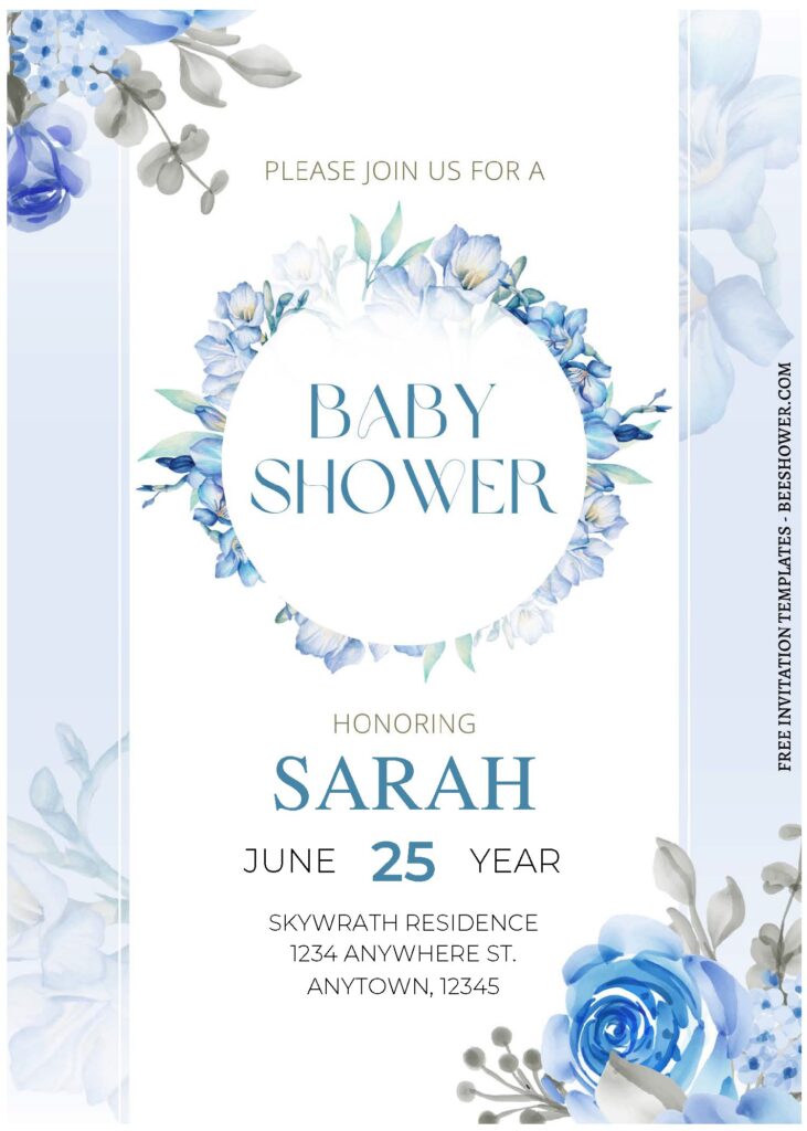 (Free Editable PDF) Stylish Powder Blue Floral Baby Shower Invitation Templates A