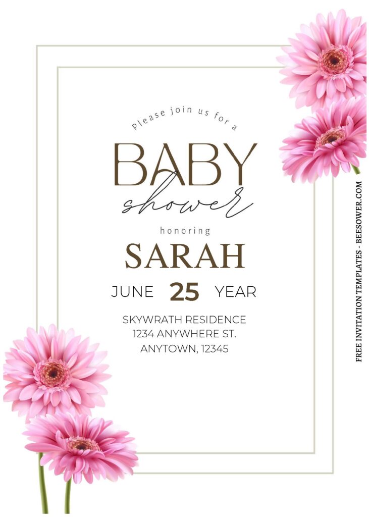 (Free Editable PDF) Simple Geometric Floral Frame Baby Shower Invitation Templates B
