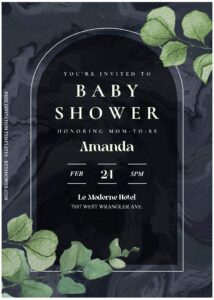 (Free Editable PDF) Marquina Black Marble Floral Baby Shower Invitation Templates C