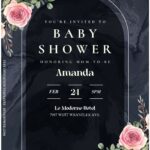 (Free Editable PDF) Marquina Black Marble Floral Baby Shower Invitation Templates B