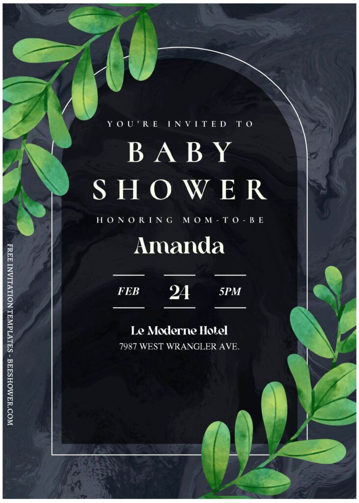 (Free Editable PDF) Marquina Black Marble Floral Baby Shower Invitation Templates A