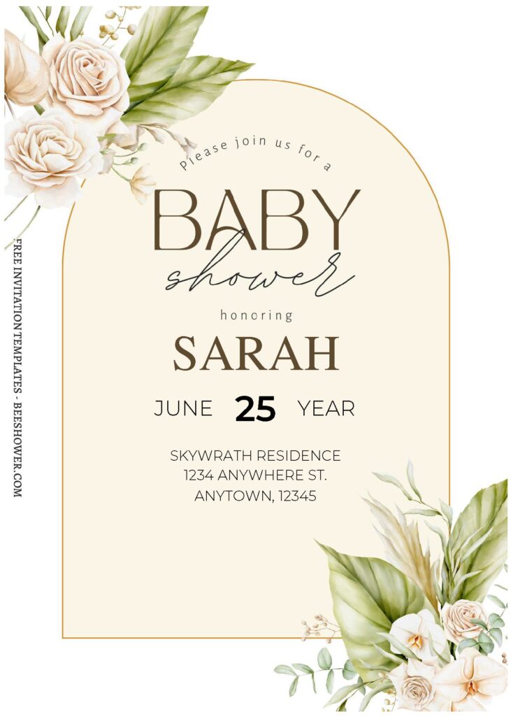 (Free Editable PDF) Boho Gold Frame Greenery Baby Shower Invitation Templates A