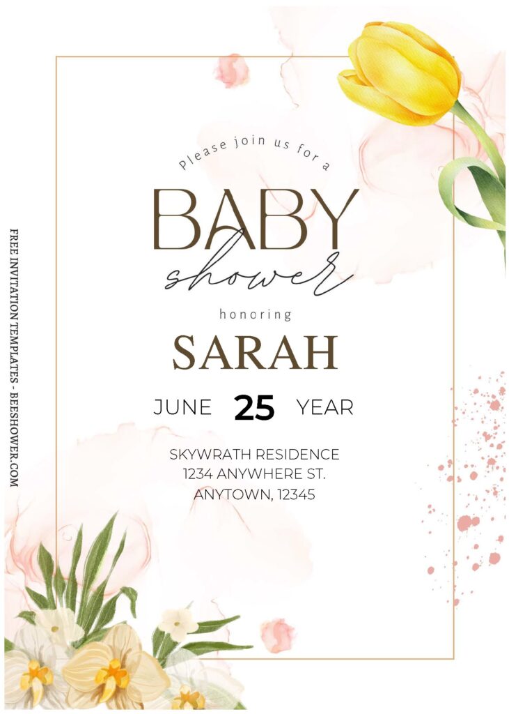 Green Yellow Floral A - Downloadable (Free Editable PDF) Greenery Daisy Baby Shower Invitation Templates - Template No. 28