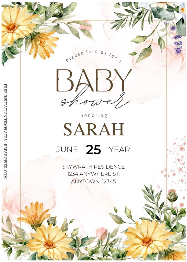 Green Yellow Floral B - Downloadable (Free Editable PDF) Greenery Daisy Baby Shower Invitation Templates - Template No. 26