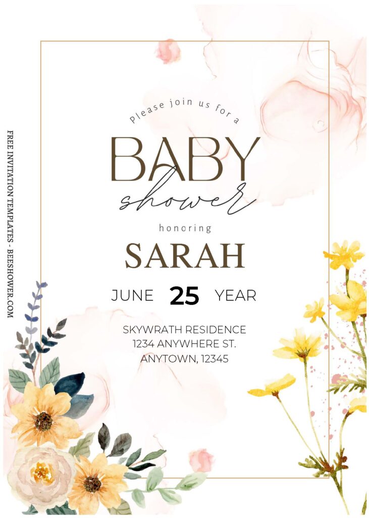 Green Yellow Floral C - Downloadable (Free Editable PDF) Greenery Daisy Baby Shower Invitation Templates - Template No. 24