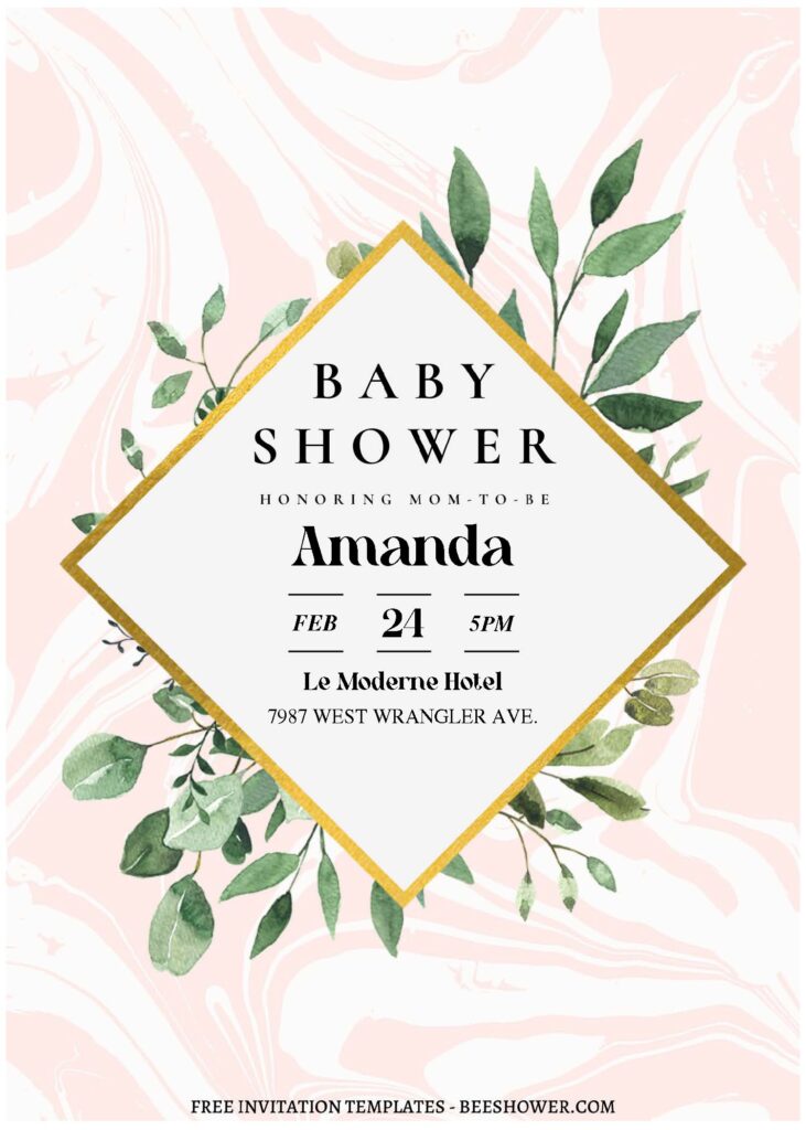 (Free Editable PDF) Rhombus Greenery Frame Baby Shower Invitation Templates A