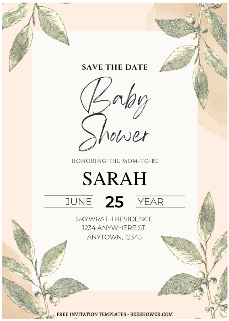 (Free Editable PDF) Minimalist Elegant Foliage Baby Shower Invitation Templates A
