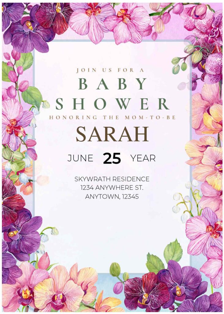 (Free Editable PDF) Modern Minimal Orchid Flower Baby Shower Invitation Templates C