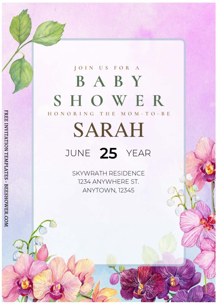 (Free Editable PDF) Modern Minimal Orchid Flower Baby Shower Invitation Templates A