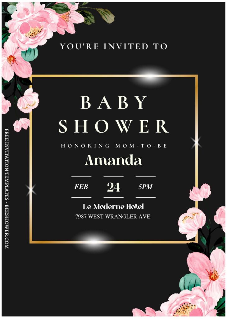 (Free Editable PDF) Shining Gold Frame Floral Baby Shower Invitation Templates C