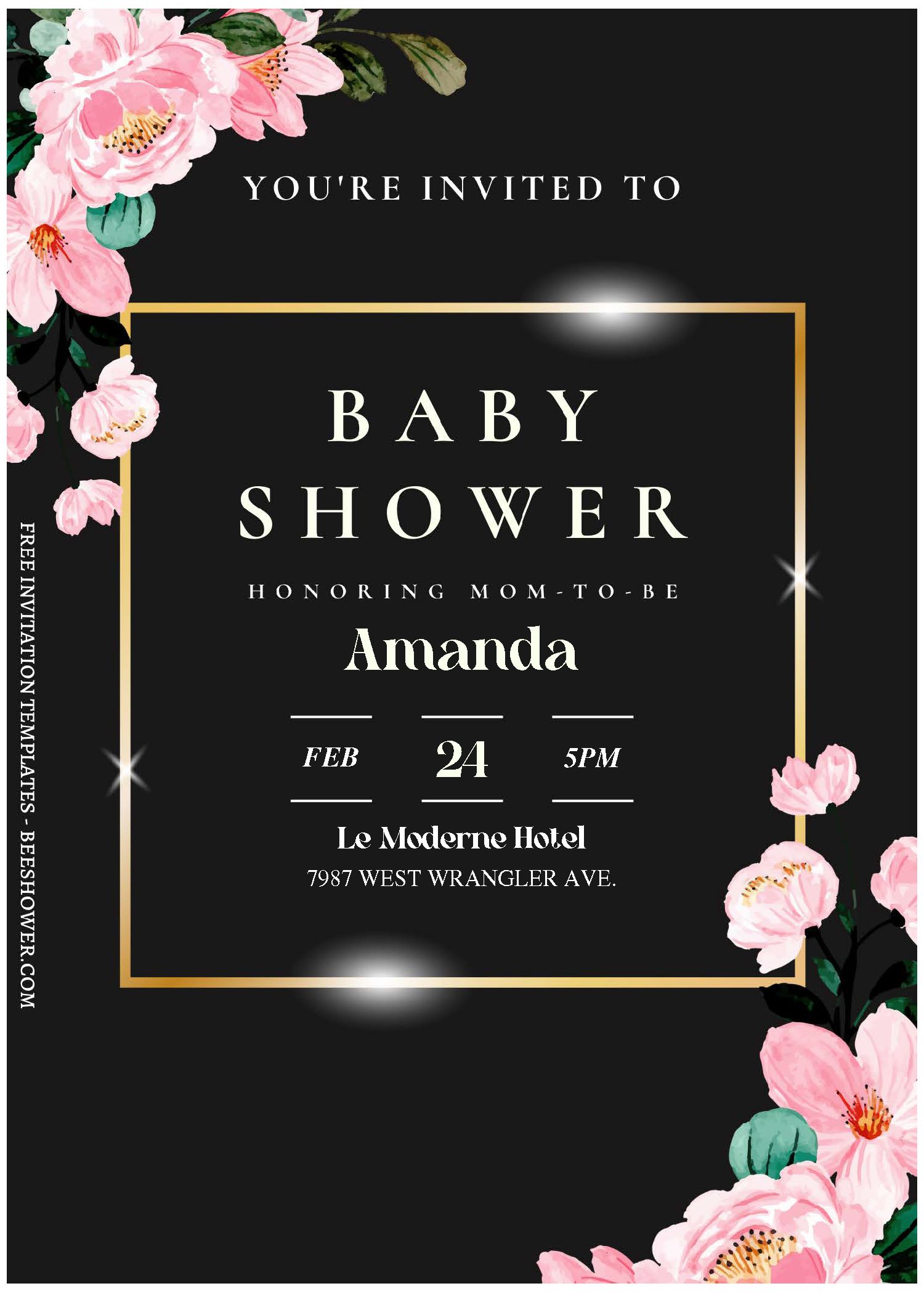 (Free Editable PDF) Shining Gold Frame Floral Baby Shower Invitation Templates I