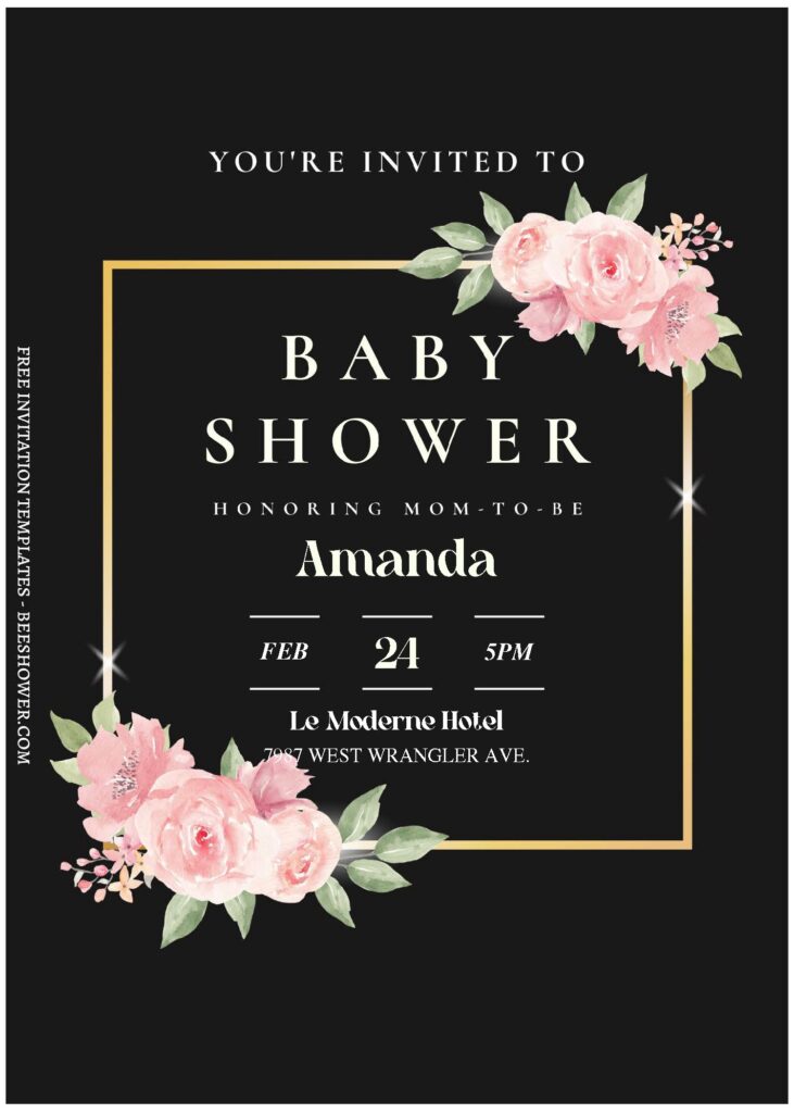 (Free Editable PDF) Shining Gold Frame Floral Baby Shower Invitation Templates A