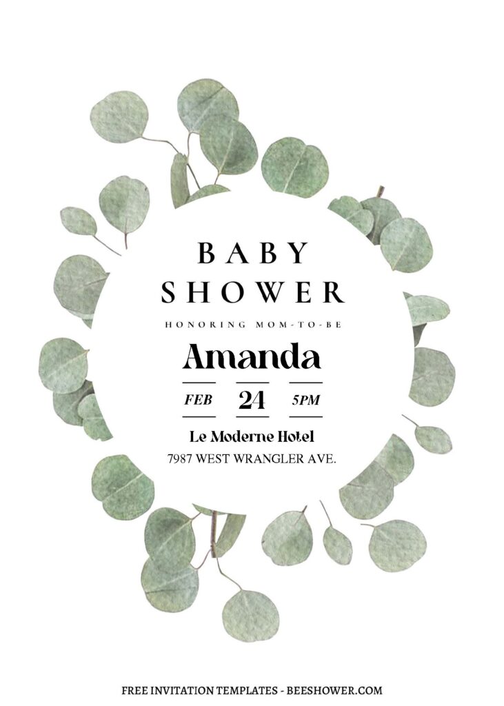 Watercolor Eucalyptus C - Downloadable (Free Editable PDF) Gorgeous Botanical Eucalyptus Leaves Baby Shower Invitation Templates - Template No. 19