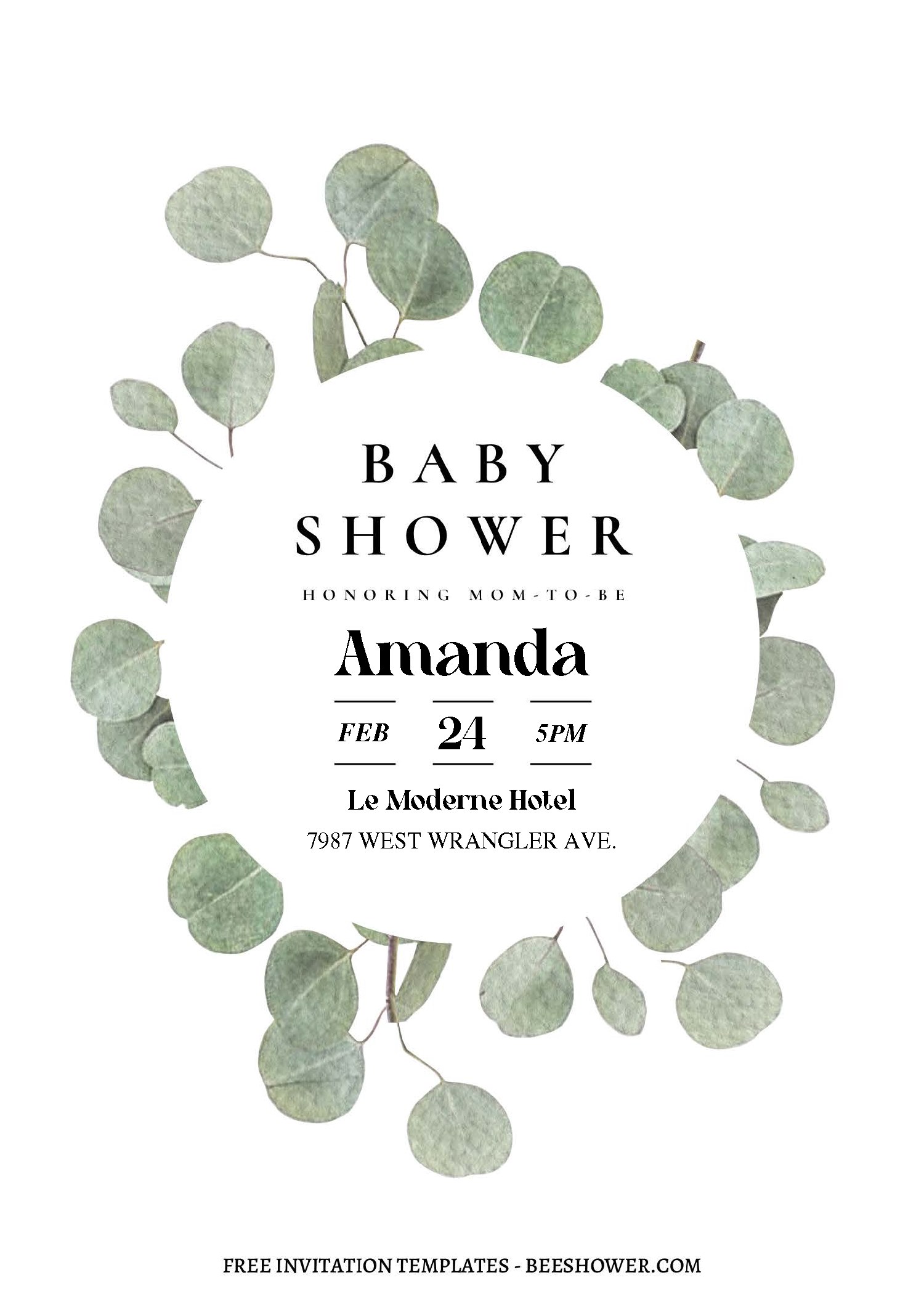 (Free Editable PDF) Gorgeous Botanical Eucalyptus Leaves Baby Shower Invitation Templates C