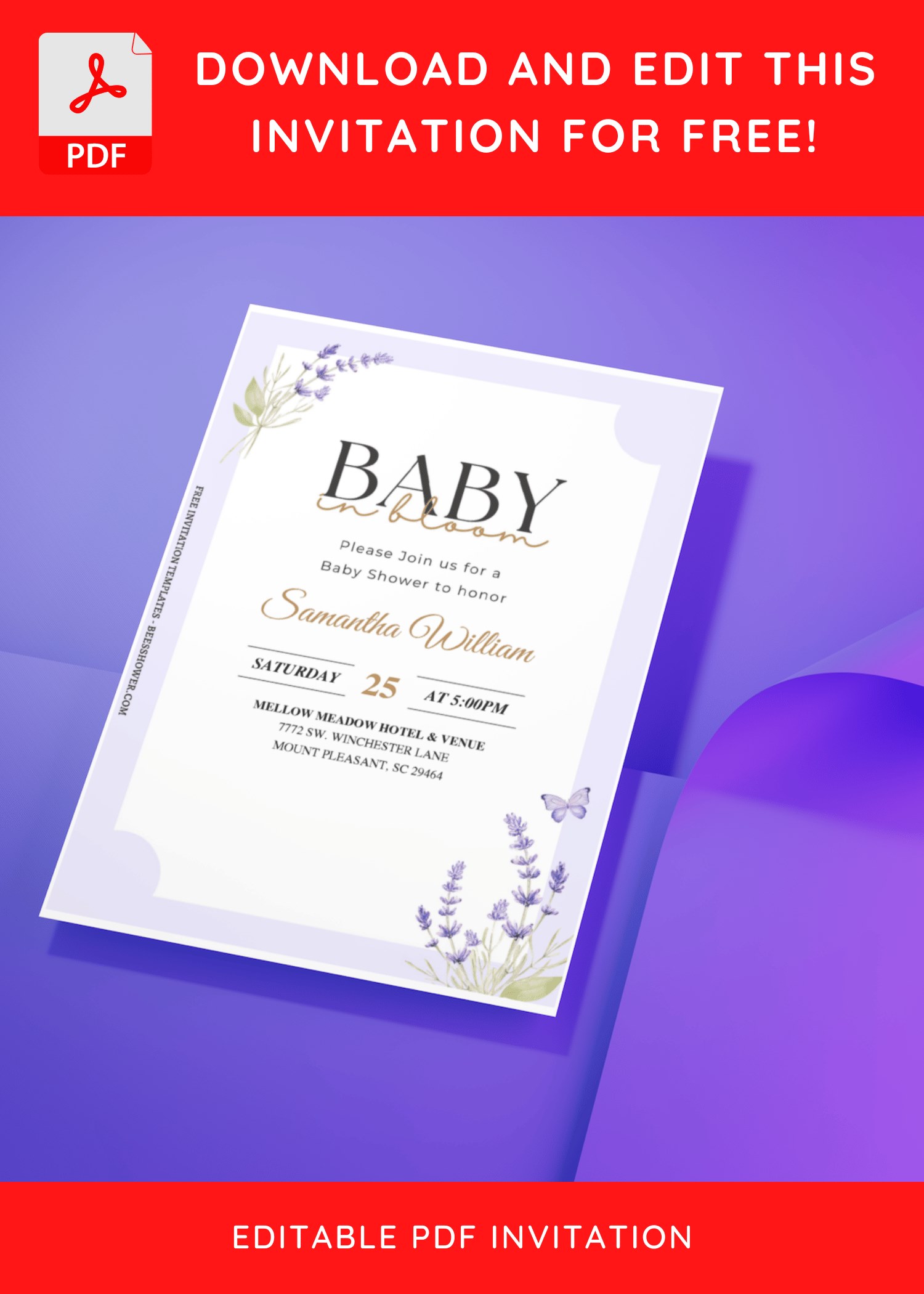(Free Editable PDF) Delightful Purple Lavender Baby Shower Invitation Templates C