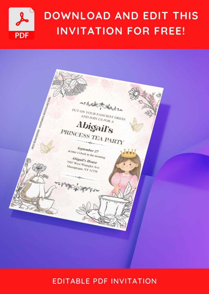 (Free Editable PDF) Vintage Princess Tea Party Baby Shower Invitation Templates J