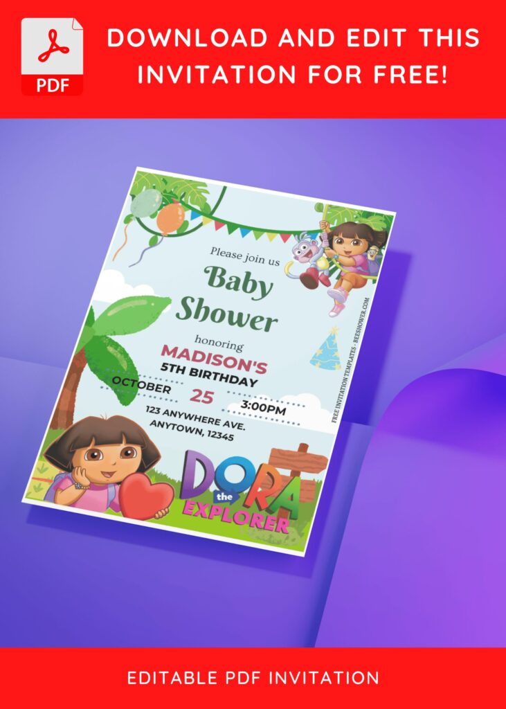 (Free Editable PDF) Ultimate Dora The Explorer Jungle Baby Shower Invitation Templates J